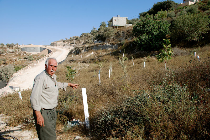 Abu Nidal pointing to his land and the path of the wall that cuts straight through it