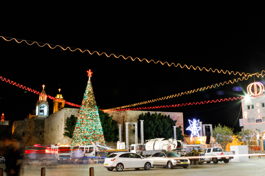 Manger Square in Bethlehem lit up for Christmas. (PHOTO: Firas Mukarker)